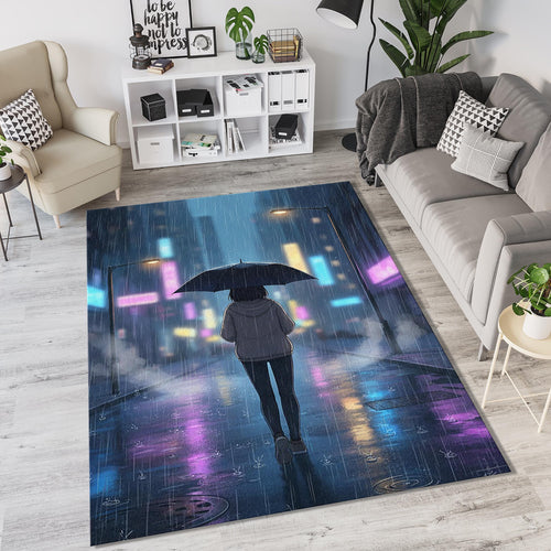 Rainy City Anime Rug Neon Aesthetic Street Area Mat Lo-fi Night