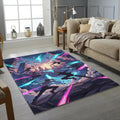Epic Action Anime Rug Futuristic Cyber City Area Mat Neon Blue
