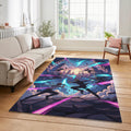 Epic Action Anime Rug Futuristic Cyber City Area Mat Neon Blue