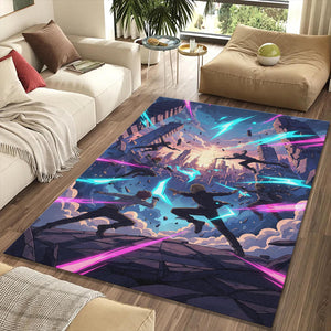 Epic Action Anime Rug Futuristic Cyber City Area Mat Neon Blue