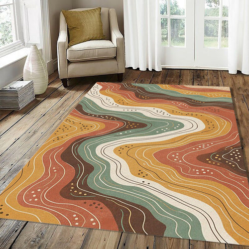 Abstract Earth Tone Wavy Rug Mid Century Modern Organic Area Mat