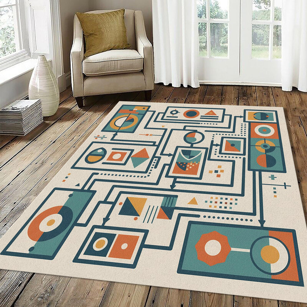 Geometric Rug Mid Century Modern Area Mat Retro Diagram Decor