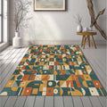 Geometric Patchwork Rug Mid Century Modern Area Mat Retro Teal