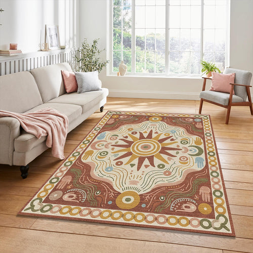 Boho Sun Hamsa Rug Spiritual Terracotta Area Mat Modern Mystic
