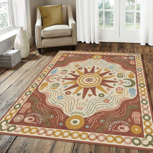 Boho Sun Hamsa Rug Spiritual Terracotta Area Mat Modern Mystic