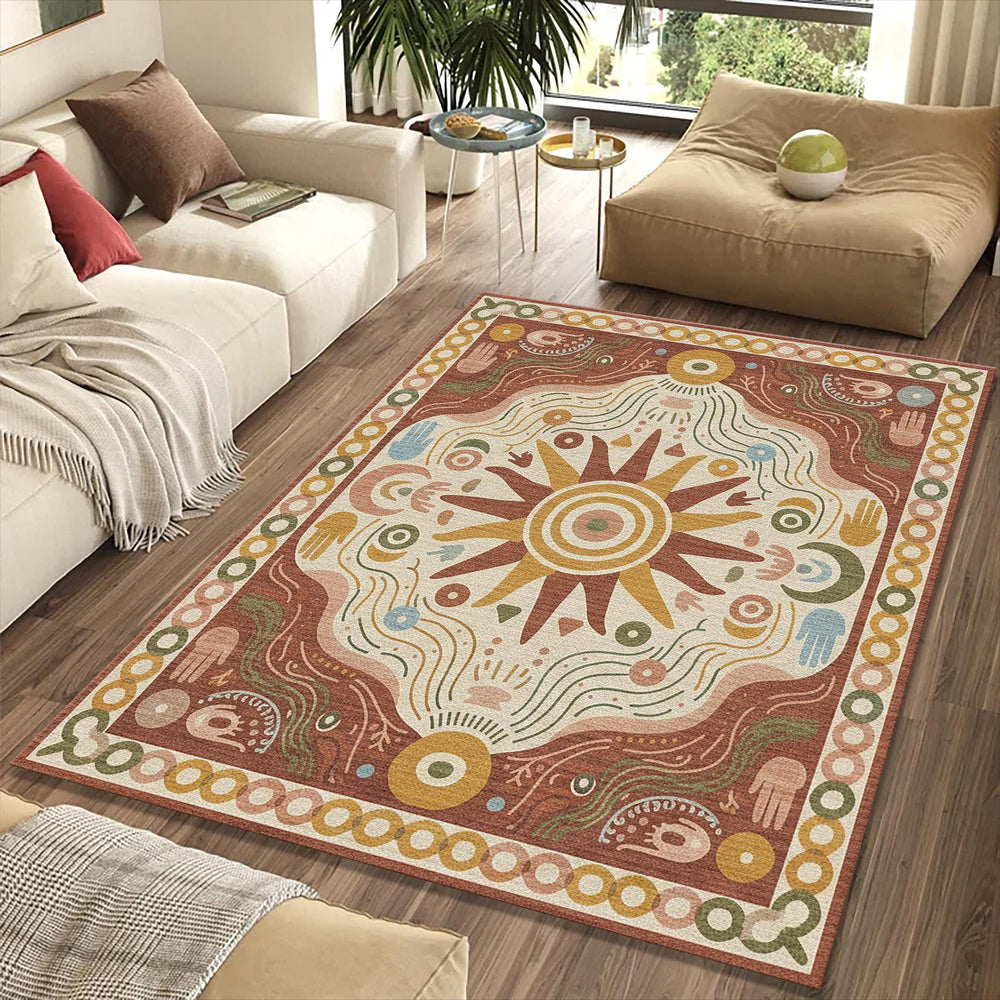 Boho Sun Hamsa Rug Spiritual Terracotta Area Mat Modern Mystic