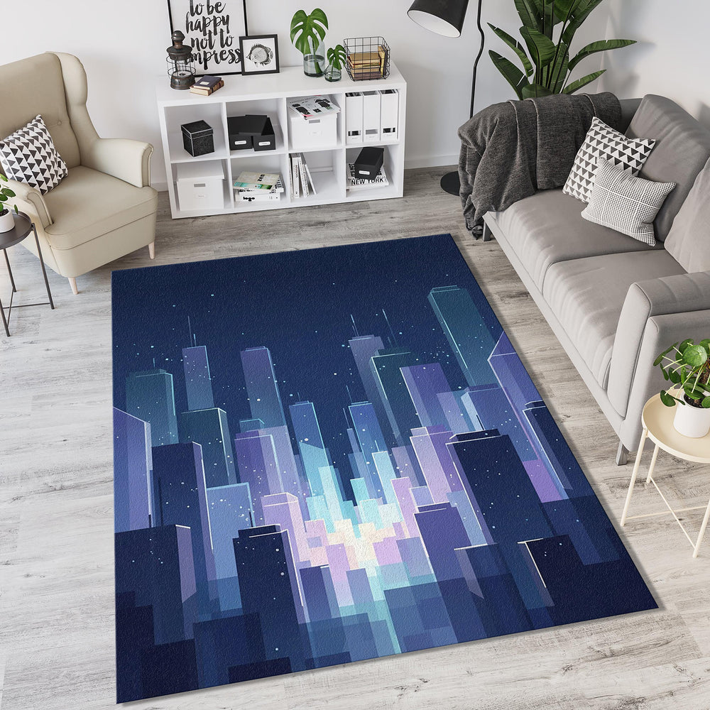 Modern Night City Rug Minimalist Cyberpunk Area Mat Blue Indigo