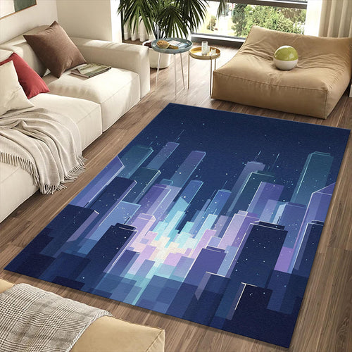 Modern Night City Rug Minimalist Cyberpunk Area Mat Blue Indigo