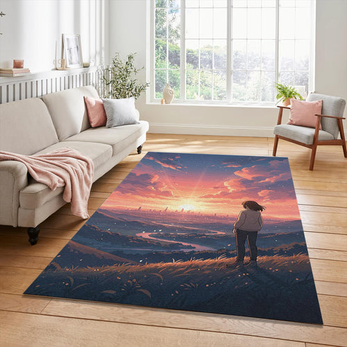 Anime Sunset Cityscape Rug Dreamy Landscape Area Mat Aesthetic