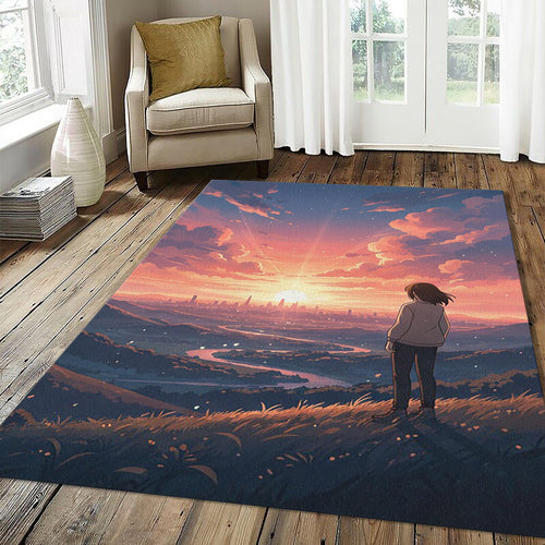 Anime Sunset Cityscape Rug Dreamy Landscape Area Mat Aesthetic