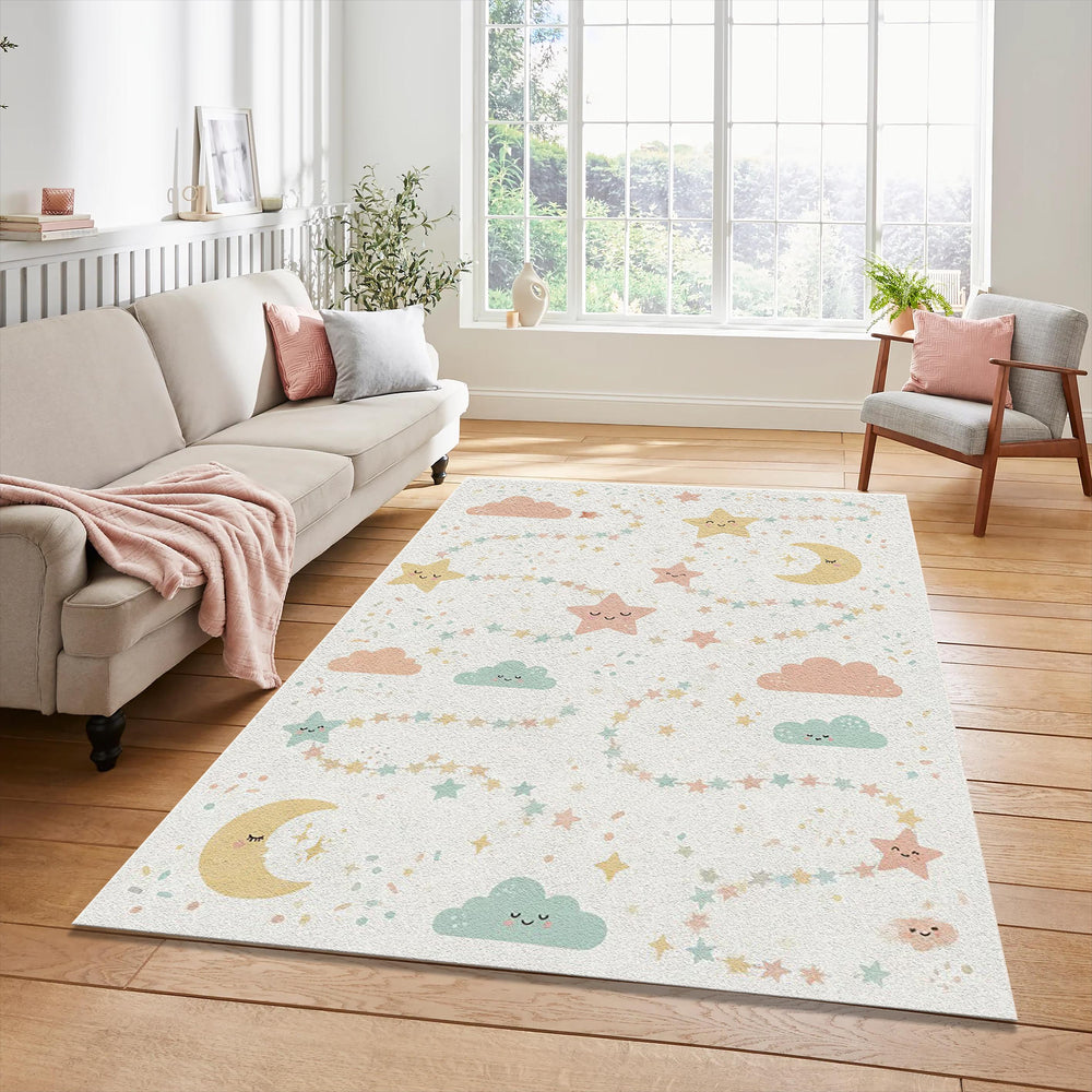 Cute Sleeping Stars & Moon Rug Pastel Nursery Area Mat Magic Sky