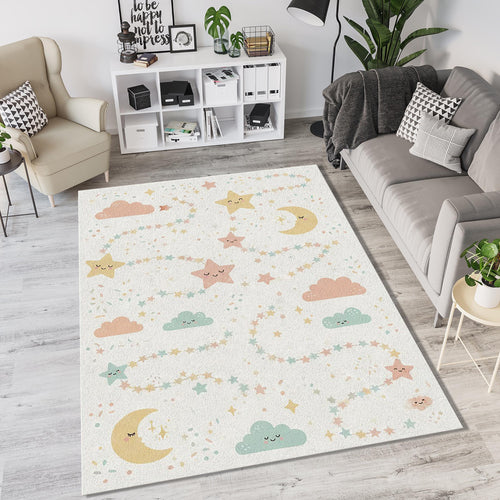 Cute Sleeping Stars & Moon Rug Pastel Nursery Area Mat Magic Sky