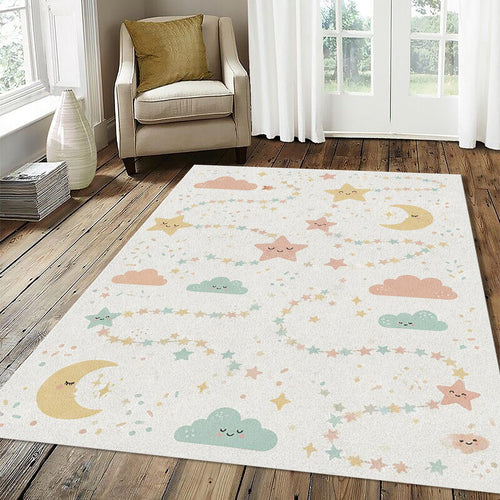 Cute Sleeping Stars & Moon Rug Pastel Nursery Area Mat Magic Sky