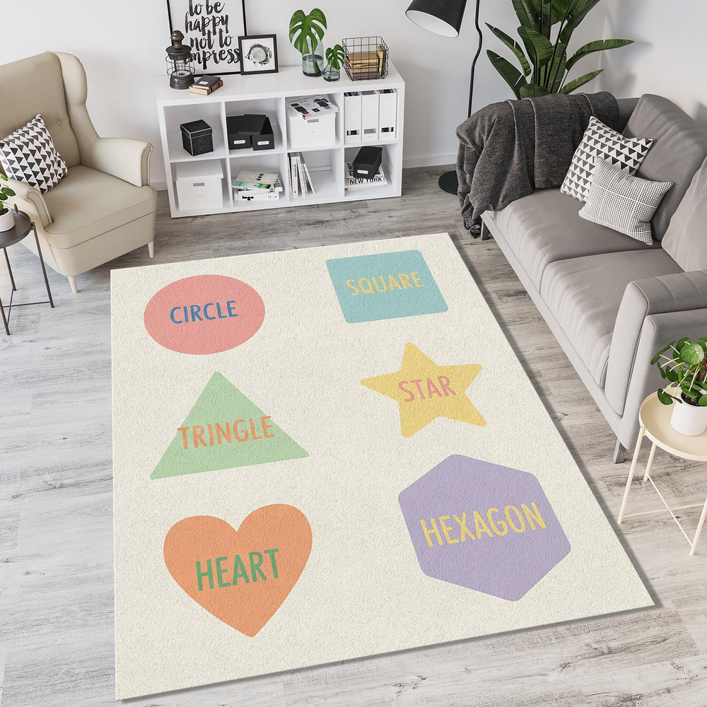 Educational Shapes Rug for Kids Pastel Geometry Area Mat Learning