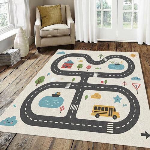 Kids Play Road Map Rug Children's City Track Area Mat Cute School