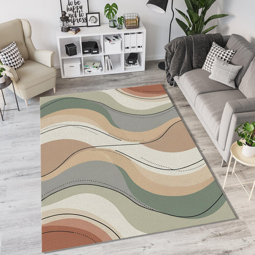 Modern Abstract Wavy Rug Earth Tone Layered Area Mat Terracotta