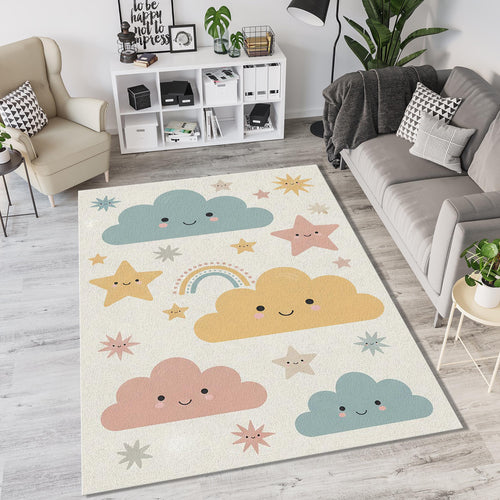 Cute Smiling Clouds & Rainbow Rug Pastel Nursery Area Mat Magic
