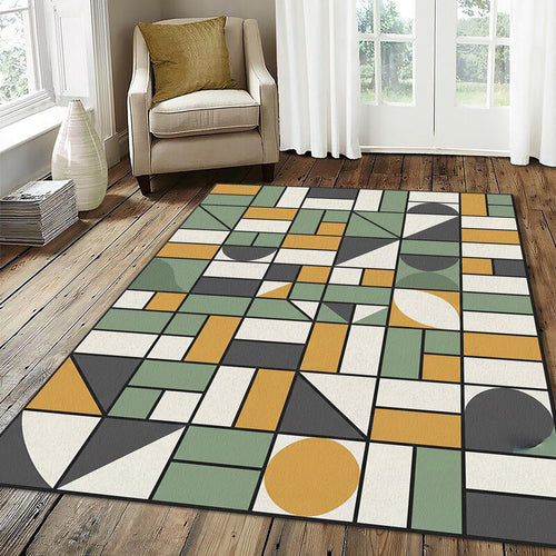 Bauhaus Geometric Rug Mid Century Modern Grid Area Mat Mustard