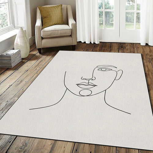 Minimalist One Line Face Rug Modern Woman Portrait Area Mat