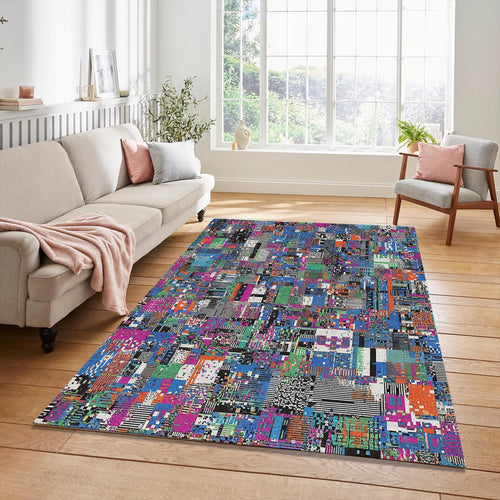 Modern Abstract Glitch Art Rug Vibrant Pixel Mosaic Area Mat