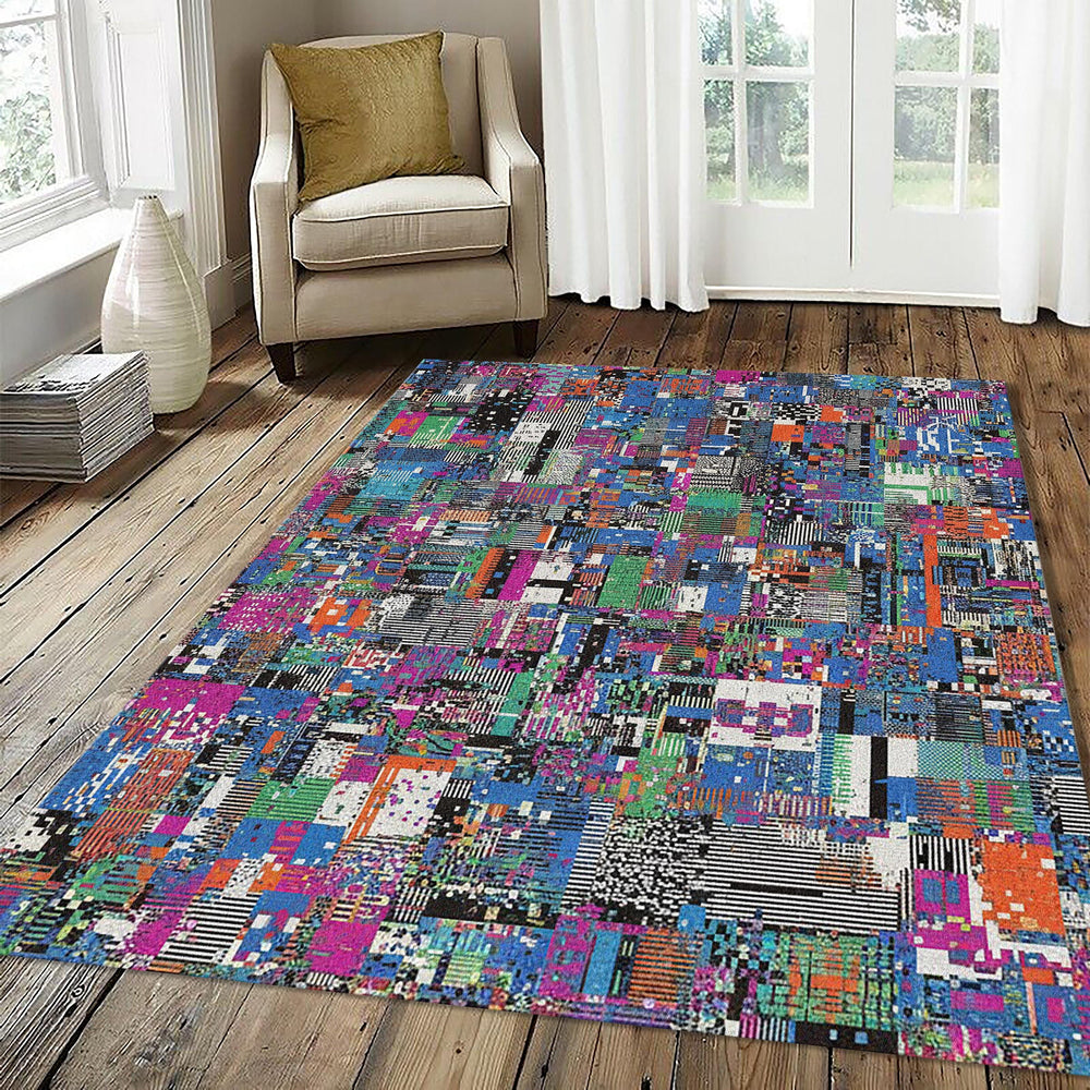 Modern Abstract Glitch Art Rug Vibrant Pixel Mosaic Area Mat