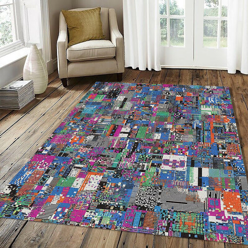 Modern Abstract Glitch Art Rug Vibrant Pixel Mosaic Area Mat