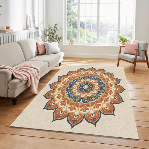 Bohemian Mandala Area Rug Ornate Terracotta & Navy Blue Floor Mat
