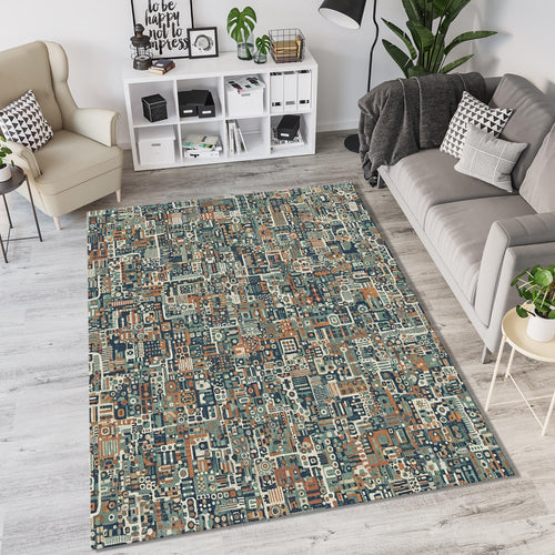 Modern Technical Circuitry Rug Abstract Microchip Area Mat Teal