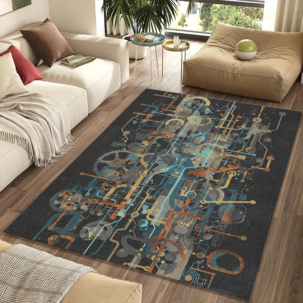 Industrial Steampunk Area Rug Abstract Mechanical Circuitry Mat