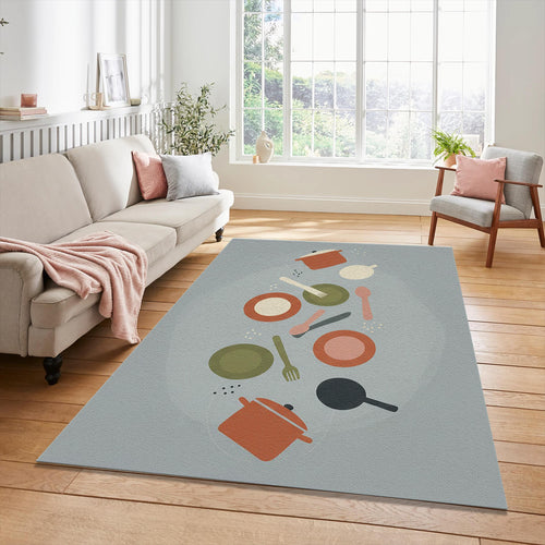 Floating Kitchen Utensils Rug Modern Culinary Whimsy Area Mat