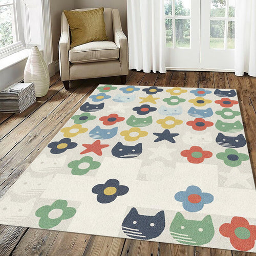 Cute Cats and Flowers Kids Rug Colorful Nursery Animal Area Mat