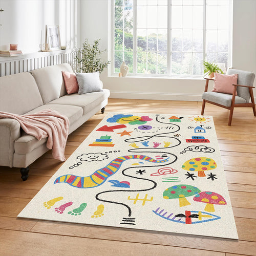 Kids Doodle Adventure Rug Colorful Crayon Style Play Mat Nursery