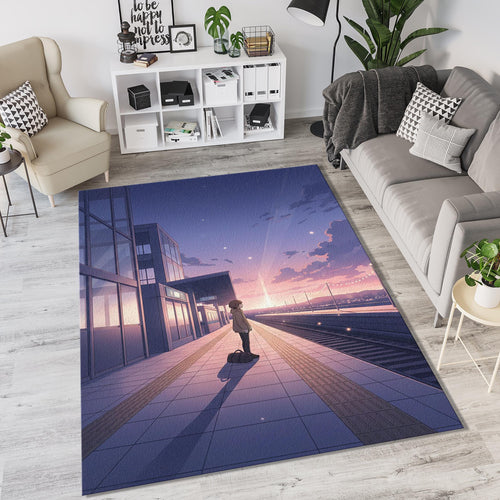 Anime Girl Train Station Rug Lofi Aesthetic Sunset Area Mat
