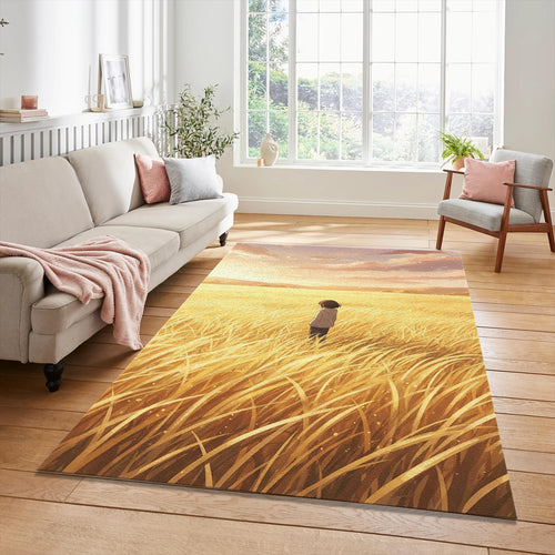 Anime Golden Field Rug Aesthetic Sunset Wheat Landscape Area Mat