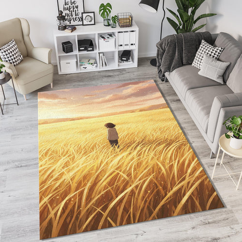 Anime Golden Field Rug Aesthetic Sunset Wheat Landscape Area Mat