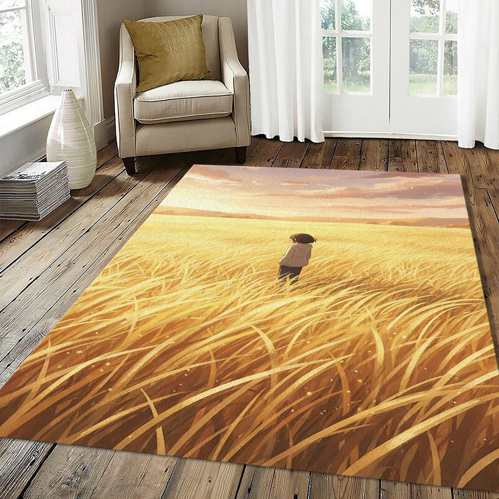 Anime Golden Field Rug Aesthetic Sunset Wheat Landscape Area Mat