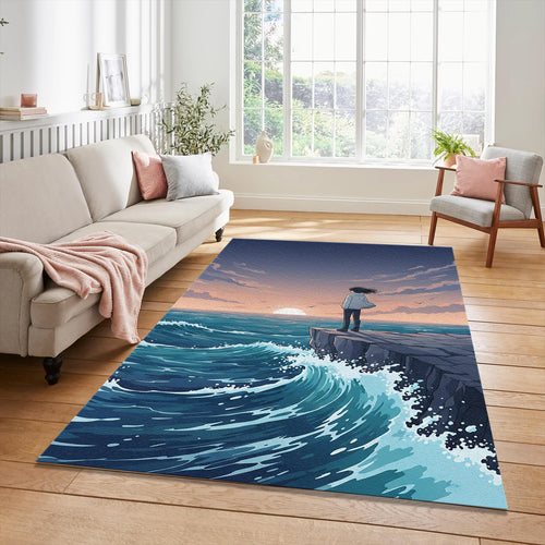 Anime Ocean View Rug Aesthetic Cliff Sunset Area Mat Lofi Sea