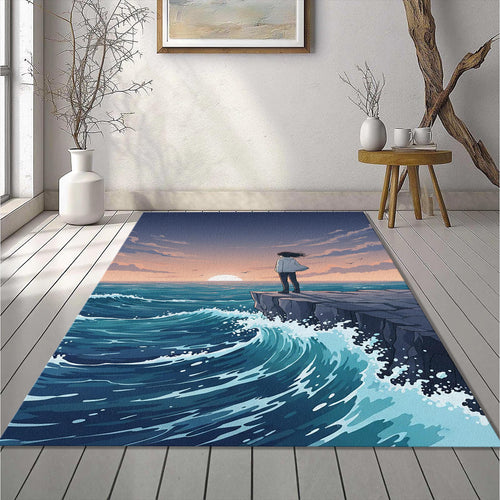 Anime Ocean View Rug Aesthetic Cliff Sunset Area Mat Lofi Sea