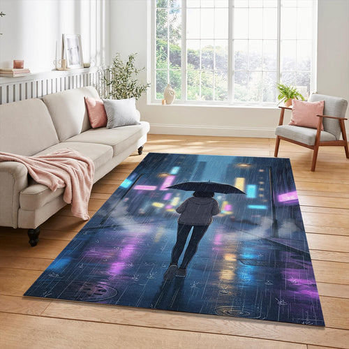 Rainy City Anime Rug Neon Aesthetic Street Area Mat Lo-fi Night