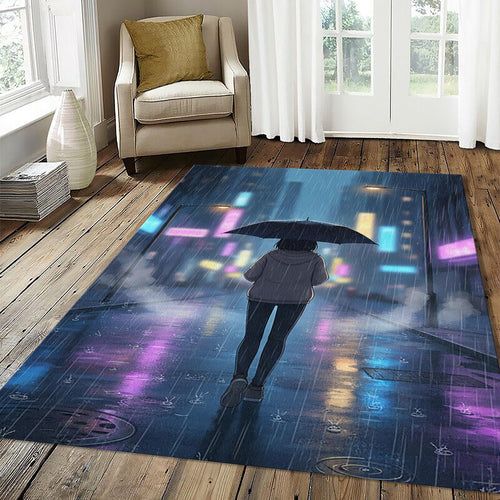 Rainy City Anime Rug Neon Aesthetic Street Area Mat Lo-fi Night