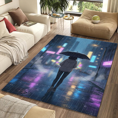 Rainy City Anime Rug Neon Aesthetic Street Area Mat Lo-fi Night