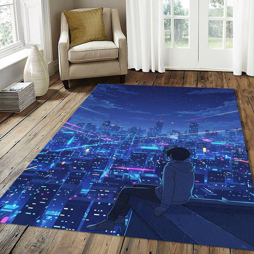 Anime Cyberpunk City View Rug Futuristic Neon Night Area Mat Lofi
