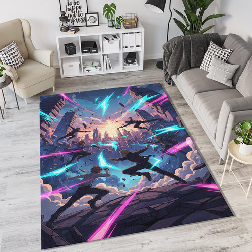 Epic Action Anime Rug Futuristic Cyber City Area Mat Neon Blue