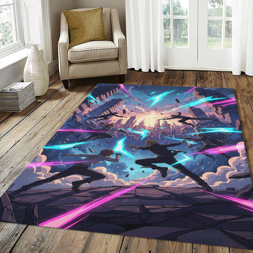 Epic Action Anime Rug Futuristic Cyber City Area Mat Neon Blue