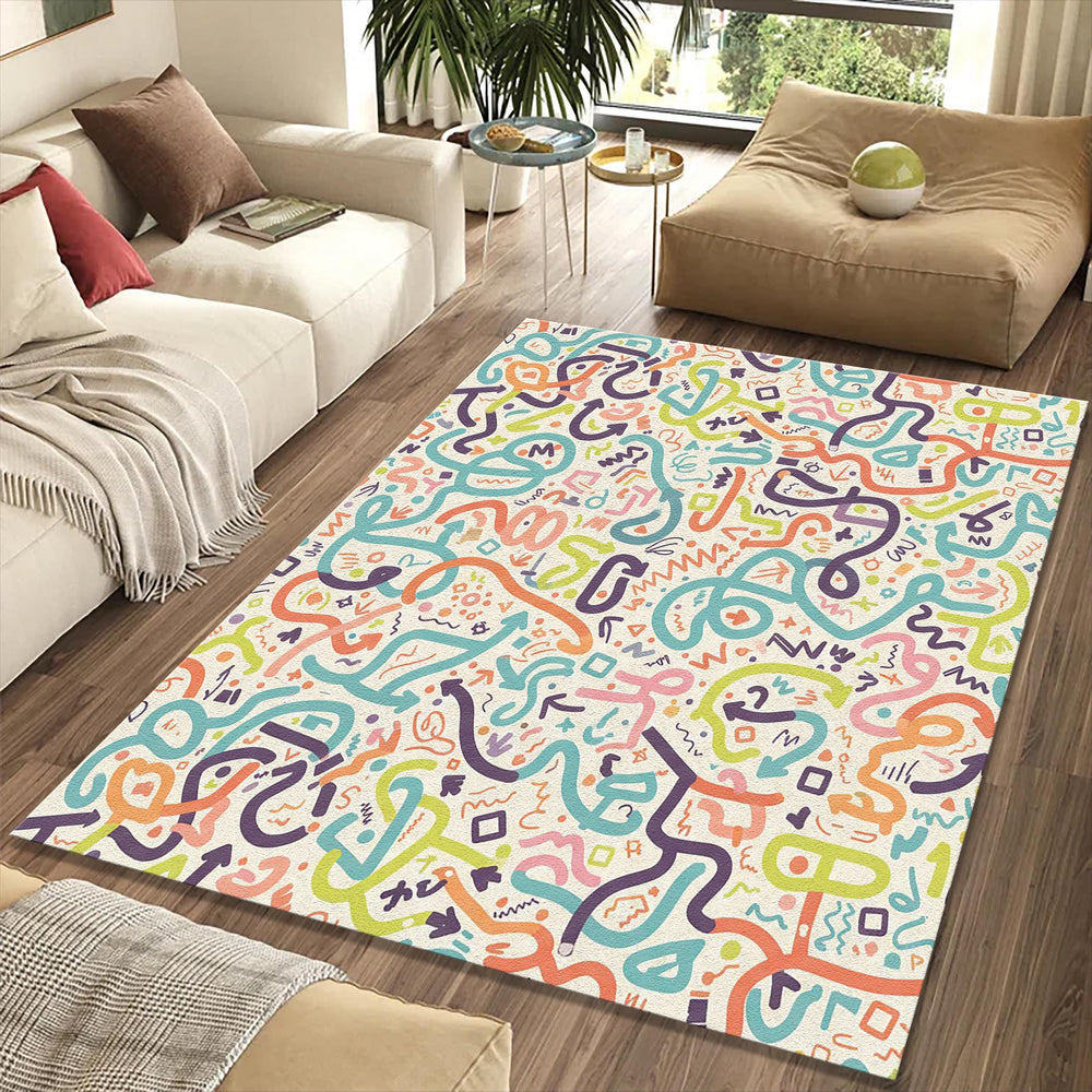 Modern Doodle Art Rug Colorful Abstract Scribble Area Mat Playful