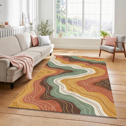Abstract Earth Tone Wavy Rug Mid Century Modern Organic Area Mat