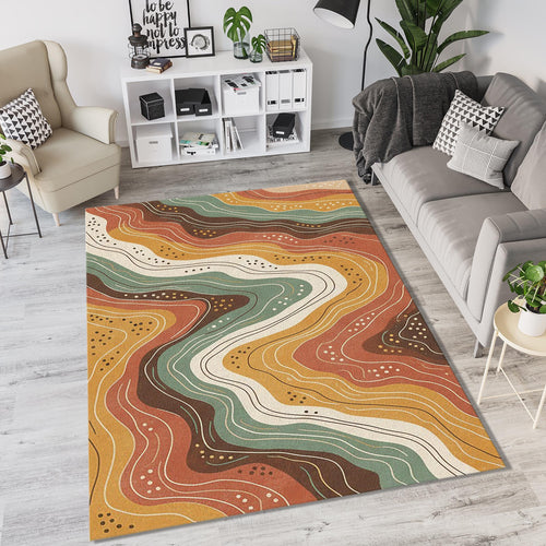 Abstract Earth Tone Wavy Rug Mid Century Modern Organic Area Mat
