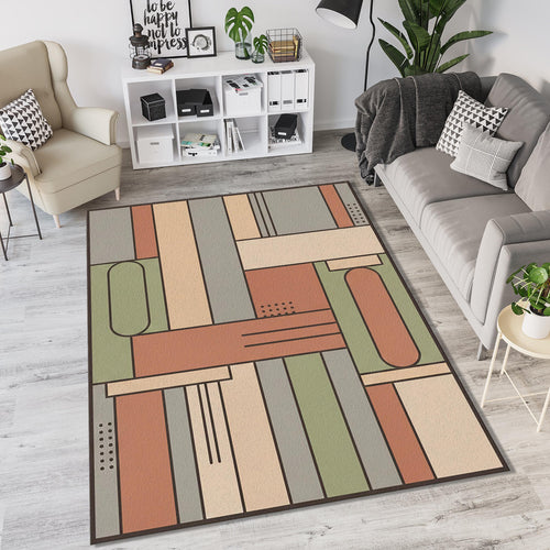 Modern Geometric Rug Terracotta and Sage Green Abstract Area Mat