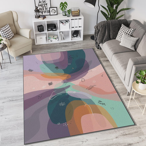 Modern Abstract Layered Rug Colorful Organic Shapes Area Mat Teal