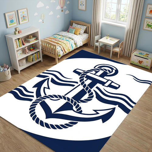 Modern Nautical Anchor Rug Navy Blue and White Maritime Area Mat